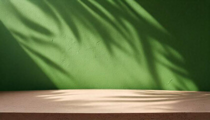 natural wooden podium table with sunlight, tropical banana shadow on a green concrete wall, ideal fo