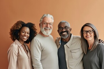 Sticker - Group of diverse people looking at camera and smiling while standing against orange background