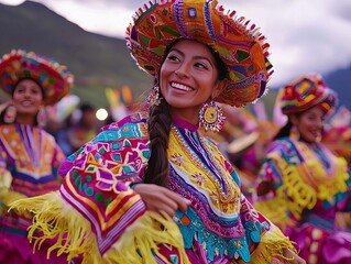 Woman in colorful traditional dress smiles.