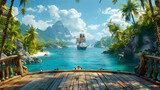 A background view from a pirate ship's deck looking towards a tropical island with a hidden Corsair treasure chest, featuring a battleship with a skull and crossbones flag