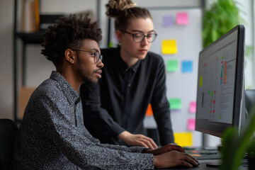 Wall Mural - Two people are working on a computer monitor