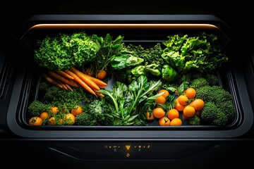 Poster - Futuristic depiction of a smart kitchen preparing energy-boosting meals using AI and personalized nutrition data, representing the future of eating for energy