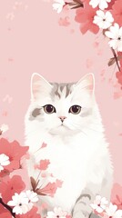 Sticker - Japanese cat with flowers animal mammal plant.