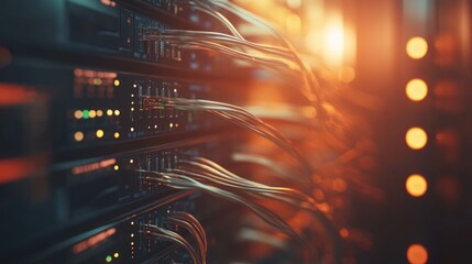 Poster - A close-up view of server racks with illuminated lights and connected cables.