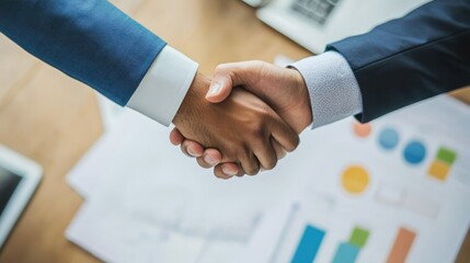 Poster - Two business professionals shaking hands over documents, symbolizing partnership and agreement.