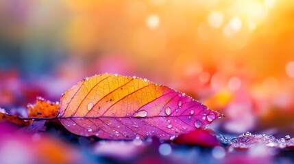 Poster - Vibrant Autumn Leaf with Dew Drops on Colorful Background