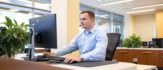 Poster - employee elevating monitor for ergonomic workplace improvement