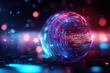 Poster - Vibrant digital sphere with glowing lights, creating a futuristic atmosphere and enchanting visual effects in a colorful background.