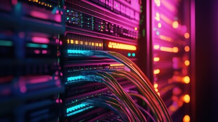 Poster - A close-up view of illuminated server racks with colorful cables and lights.
