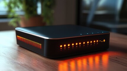 Poster - A next-generation 5G router with LED indicators, designed for high-speed internet and secure home networking.