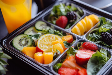 Close-up of a trendy lunchbox with compartments, featuring a vibrant salad, fruit, and a refreshing drink.