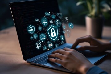 A person typing on their laptop with an overlay of security icons like a lock and a shield, symbolizing the concept of digital cyber security. 