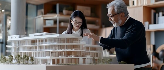 Poster - Architect and Client Discussing Building Model during Professional Project Meeting to Showcase Design Engineering and Construction Plans