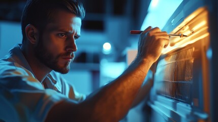 Poster - A technician repairs an appliance with focused concentration in a dimly lit environment.