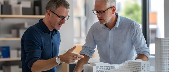 Poster - Architect and client engaged in a discussion around a detailed building model showcasing their professional partnership and collaborative approach to the design planning