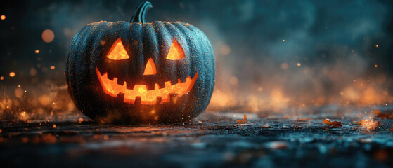 A pumpkin with a smiley face on it is lit up and placed on a dark surface. Scene is spooky and festive, as it is a Halloween decoration