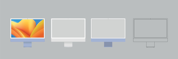 Poster - pc computer monitor mockup in clay, outline, and realistic style. Computer monitor mock up Isolated on Background. Vector illustration