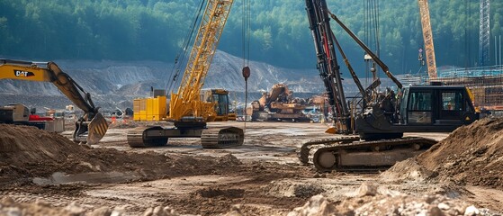 Massive cranes and bulldozers work in harmony at a bustling construction site showcasing the immense industrial strength and advanced capabilities driving modern infrastructure development