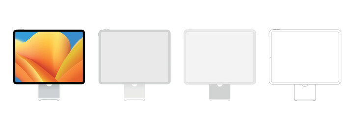 Poster - pc computer monitor mockup in clay, outline, and realistic style. Computer monitor mock up Isolated on Background. Vector illustration