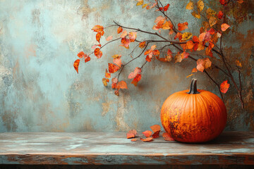 Wall Mural - A pumpkin sits on a wooden table next to a branch of orange leaves. Concept of autumn and the beauty of nature