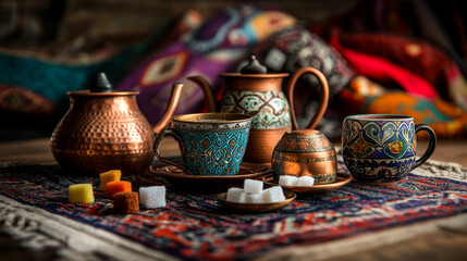 A beautifully set Turkish coffee table in a traditional home, with small copper pots, sugar cubes, and ornate cups, surrounded by vibrant textiles