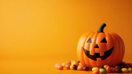 Wall Mural - A pumpkin with a smiley face on it sits on a table with a pile of candy. The scene is set for Halloween, and the pumpkin is the centerpiece of the table