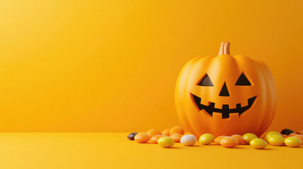 Wall Mural - A pumpkin with a scary face is on a yellow background. The pumpkin is surrounded by candy. The image has a spooky and festive mood, perfect for Halloween