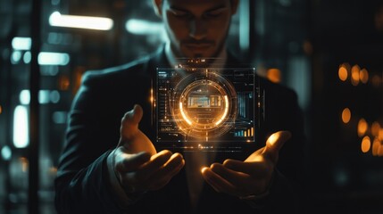 Poster - A man in a suit holds a glowing holographic interface, symbolizing technology and innovation.