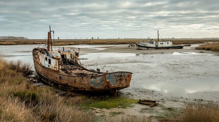  Rusting vessels abandoned in a serene estuary under soft overcast skies at twilight