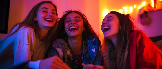 Three young female friends laughing and sharing stories together during a cozy fun filled sleepover night illustrating the joy and closeness of their friendship and close bond