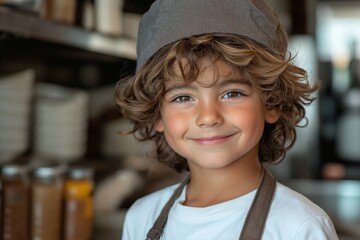 Wall Mural - Young boy wearing a chef's hat and apron stands in front of a kitchen counter. He is looking at the camera