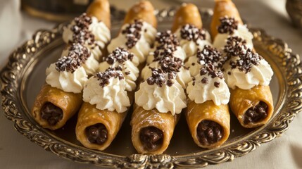 Wall Mural - Gourmet cannoli with hazelnut cream filling, arranged on an elegant dessert platter generative ai