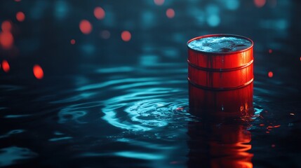 Poster - A red barrel floating in water, illuminated by soft, ambient light.