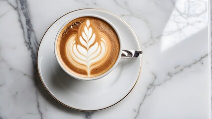 A top view of a cup of coffee with detailed latte art on a saucer, placed on a marble surface, capturing the cozy and sophisticated essence of a coffee break