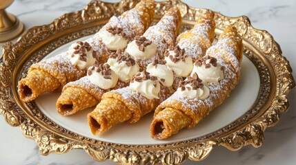 Wall Mural - Gourmet cannoli with hazelnut cream filling, arranged on an elegant dessert platter generative ai