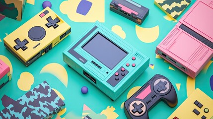 Poster - Colorful 90s geometric patterns mixed with vintage tech gadgets like old game consoles and cassette players, creating a playful aesthetic.