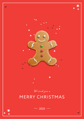 Luxury Corporate Holiday card with Christmas gingerbread man cookie, red background and copy space. Universal artistic templates, vector illustration