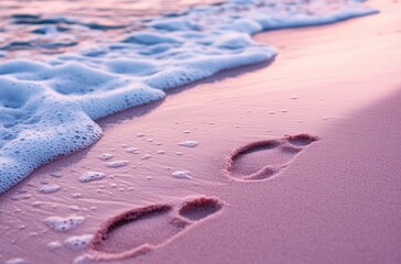 Poster - Close-up of footprints in pink sand on the beach, with waves crashing against the shore, a color scheme of pink and blue, soft-focus background, pastel colors, a serene atmosphere
