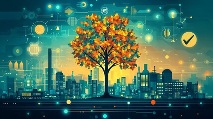 Poster - vibrant tree symbolizes growth and sustainability amidst futuristic cityscape, showcasing harmony between nature and technology. colorful leaves reflect beauty of nature in urban environment