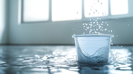 Poster - A plastic container splashes water on a reflective surface, creating a dynamic scene.