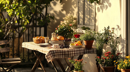 A cozy outdoor table filled with fresh fruits and pastries in a sunny garden setting