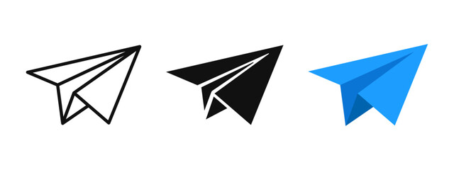 Paper plane icon. Send message button. Blue paper plane logo. E-mail, letter or telegram vector illustration. Mail sign. Flight origami. Travel pictogram. Online chat concept.