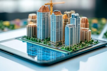 Poster - Explore the integration of advanced digital technology in urban planning with a detailed 3D model on a tablet, highlighting key building permits and ongoing construction activities