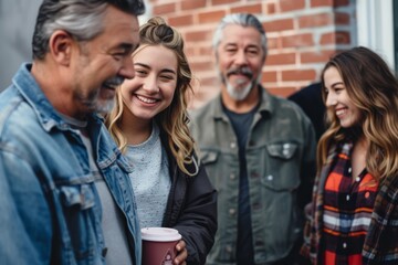 Sticker - Happy group of friends looking at camera and smiling while standing together outdoors