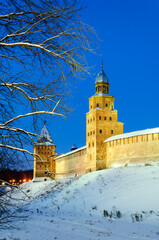 Wall Mural - Veliky Novgorod Russia - December 8 2010. Kokui and Intercession towers of Veliky Novgorod Kremlin by winter night, Veliky Novgorod Russia