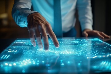 Poster - A highly skilled professional who is actively engaged in advanced technological interactions, thus showcasing remarkable innovation within a contemporary and dynamic workspace environment