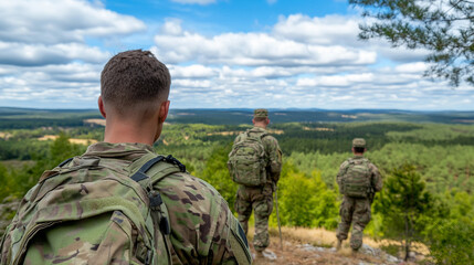 Soldiers in Camouflage Uniforms Standing Together in a Field Ready for Duty and Service