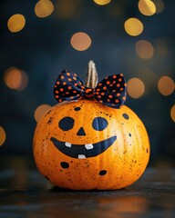 Wall Mural - Pumpkin Set with Painted Face and Ribbon Bow on Ponytail in Dark Bokeh Background