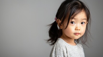 A young girl with dark hair and a curious expression, standing against a gray background, showcasing innocence and wonder.