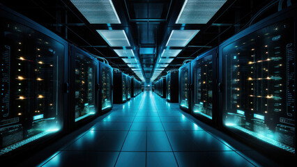 Poster - Image of a quantum computer server room with rows of advanced machines.